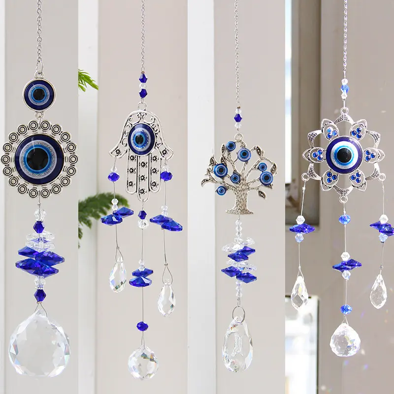 Evil Eye Suncatcher with Crystal Prism Ball, Ornamental Rainbow Maker, Window Hanging Pendant for Home & Room Decor, Eye Motif