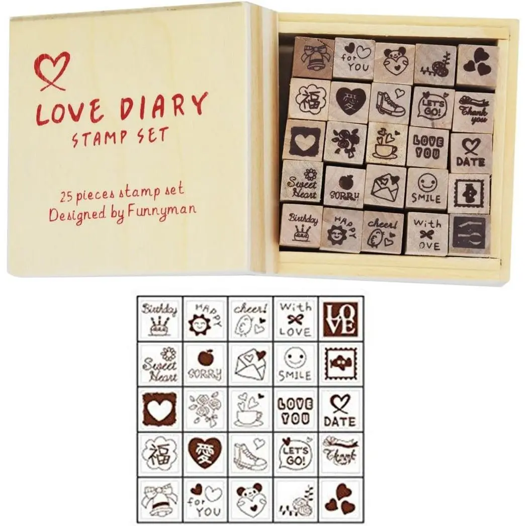 25-Count Cute Wooden DIY Stamps Set with 3.1x3.1x2.0in Wooden Box, 0.47x0.47x1.50in Stamps for Thank You Notes & Craft Room Use, Office Stationery for DIY Stamping, Personalized Gifts with Cute Designs
