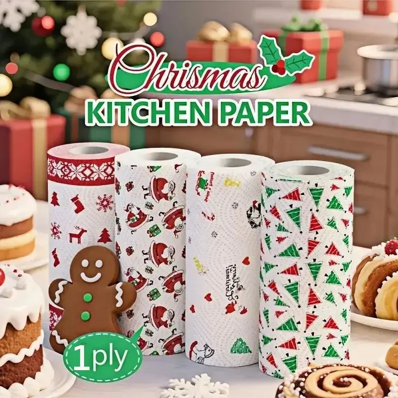 Christmas Kitchen Paper, Kitchen Paper Towels, Thick Three-Ply Roll, Disposable Kitchen Cleaning Paper, Random Style, Christmas Gift, Decorative Napkins