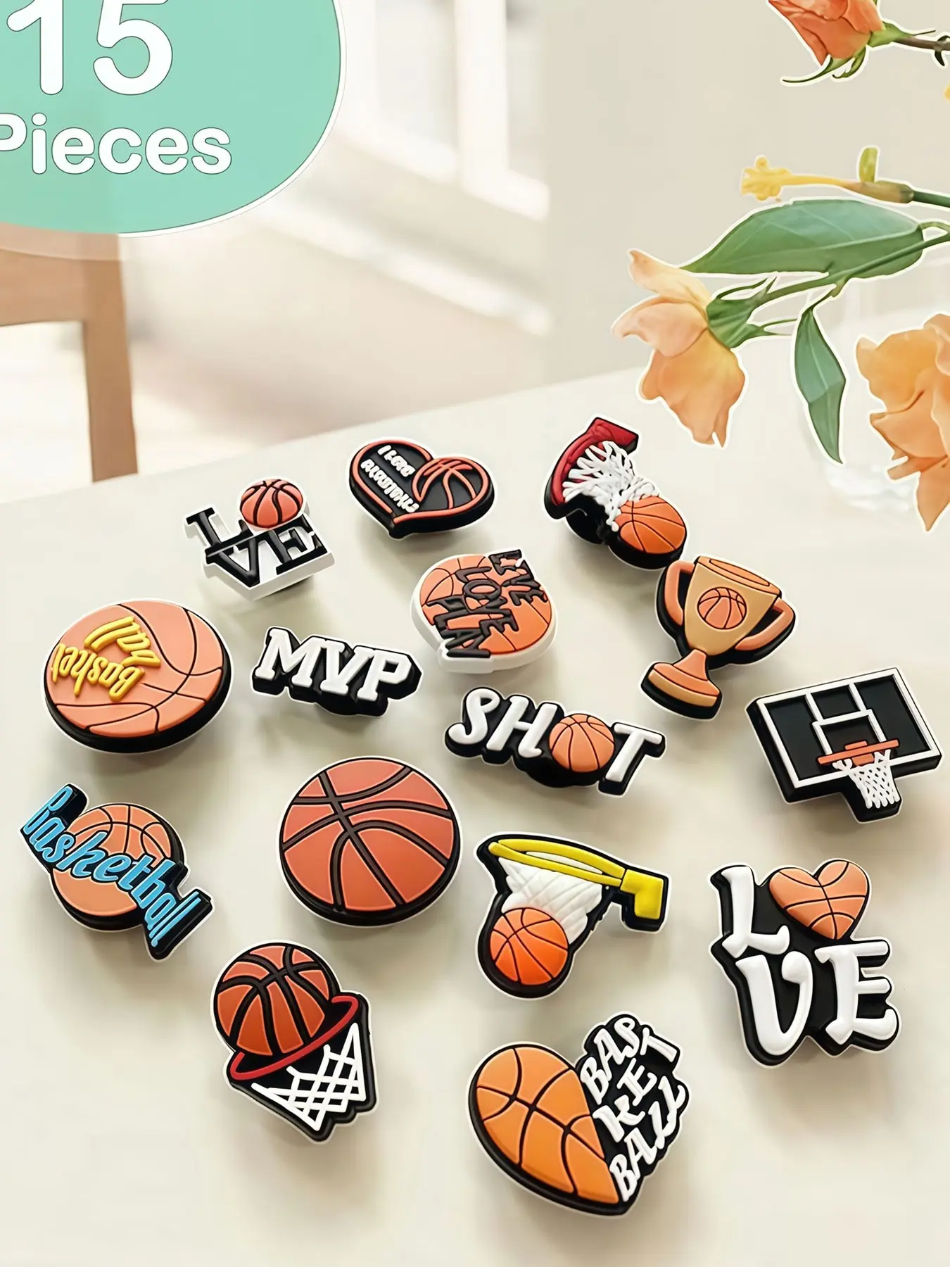 15 Piece Basketball Theme Shoe Decor Set, Hoop Trophy Mvp English Slogan Soft Gel Decoration, Exclusive Shoe Face Accessories