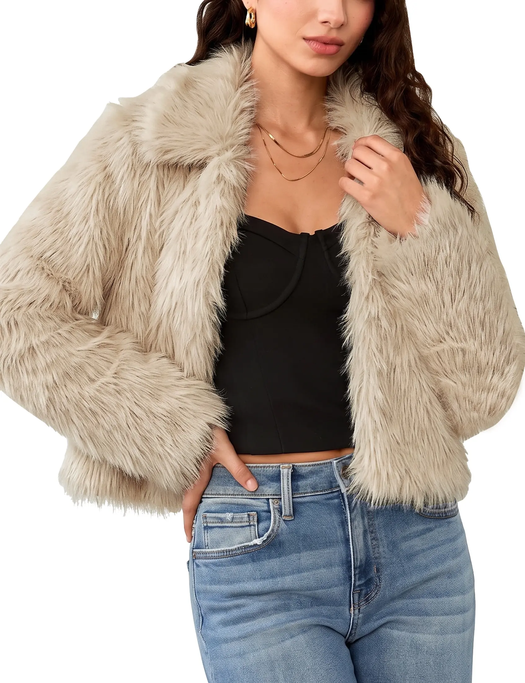luvamia Faux Fur Jackets for Women Shaggy Crop Coats Fall Winter Outerwear Hook Closure, Long Sleeve, Lapel Collar, Date Night Outfit, Drop Shoulder, Clean Front Design, Long Pile Texture, Solid Color