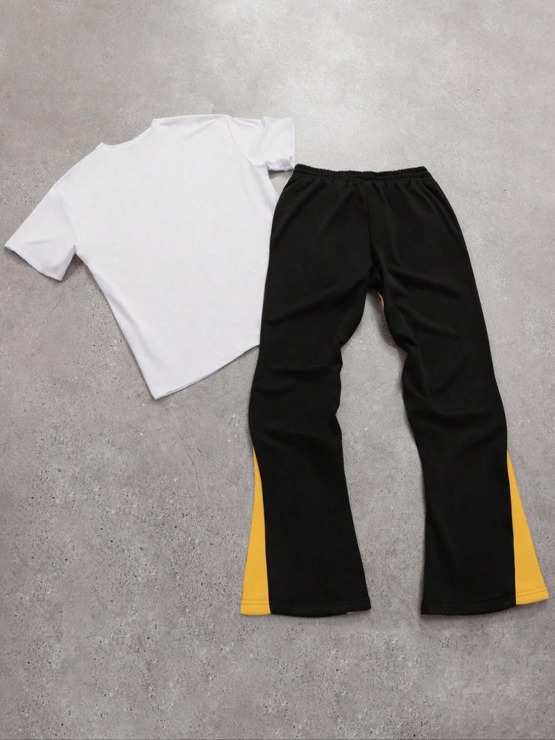 Two-piece Set Men's Figure Graphic Tee & Colorblock Drawstring Waist Flare Leg Sweatpants, Regular Fit Round Neck Short Sleeve T-shirt & Bell Bottom Trousers, Sets for Men Clothing, Summer Outfits, Casual Outfit Set, Shortsleeve Menswear