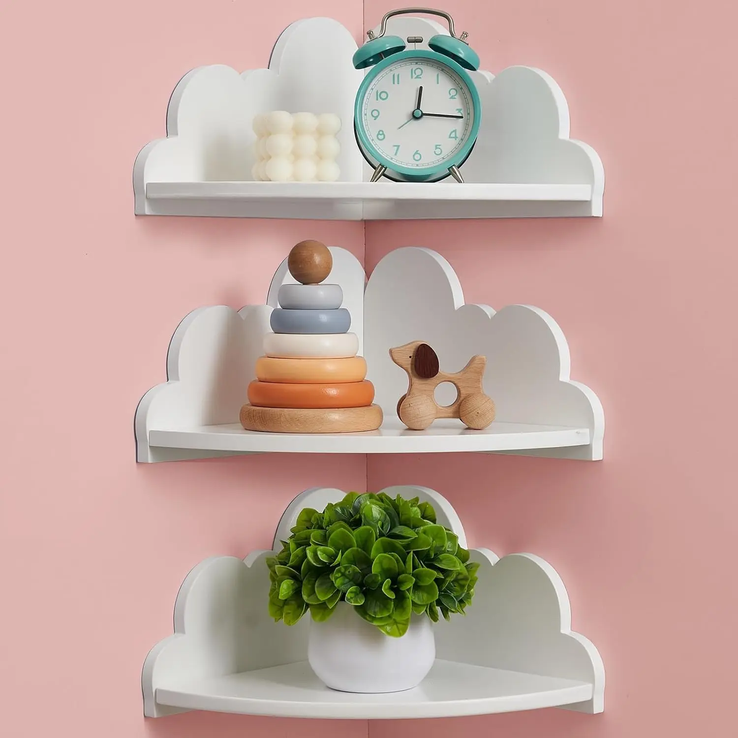 3-Piece White Cloud Wooden Corner Floating Shelves, Wall-Mounted Storage Shelf for Kid's Room Decor, Toys, Plants