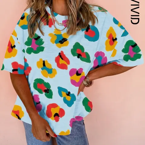 Women's Casual Floral Print Drop Shoulder Oversized T-Shirt, Round Neck Loose Fit Top for Summer, Ladies Casual Clothes Tee, Casual Everyday Tops