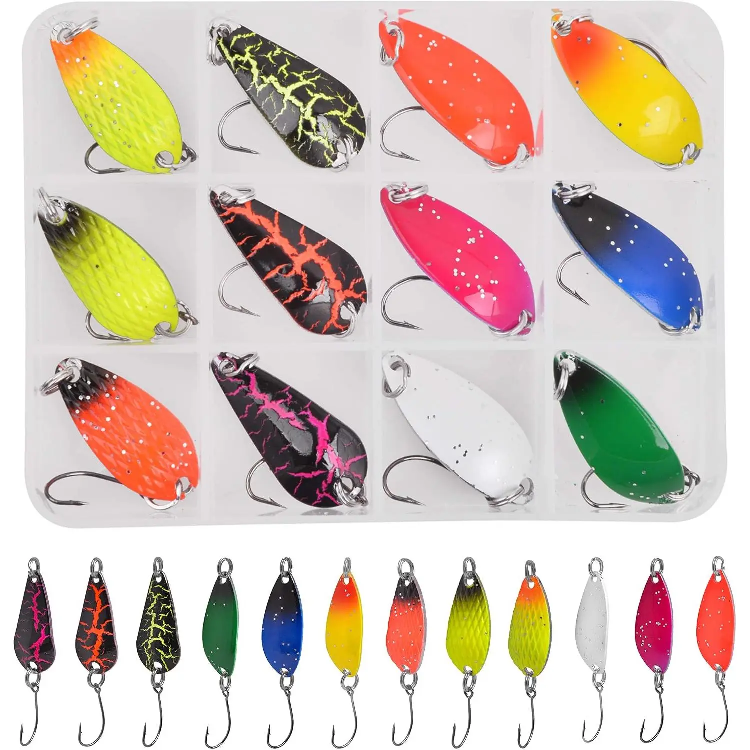 Trout Spoons Fishing Spoons Lures Kit,12pcs Trout Lures Single Hook Hard Metal Baits Mini Fishing Jigs Casting Trolling Spoon Lure for Crappie Char Perch Sunfish Trout