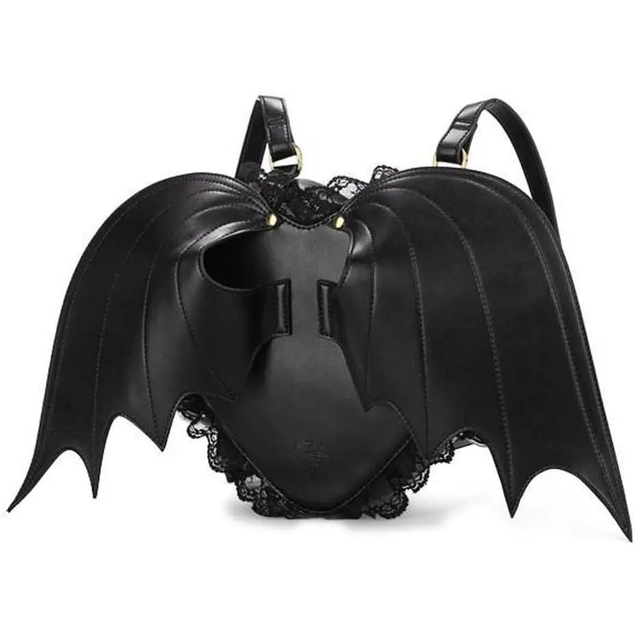 Fashion Girl Gothic Black Bat Heart  Backpack Goth Punk Lace Wing Bag