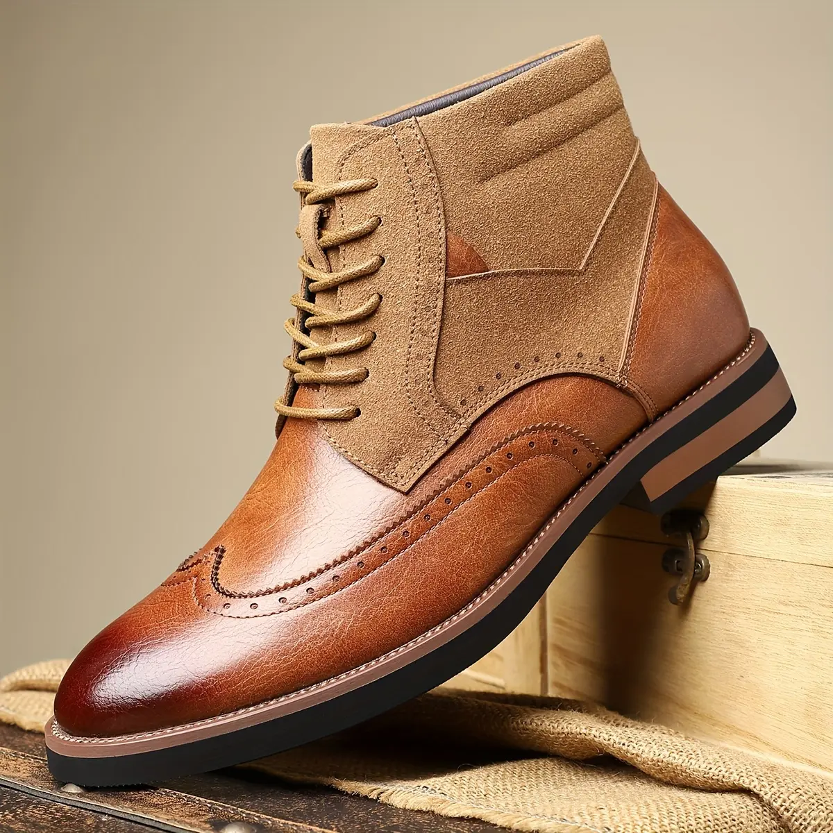 Brogue High-Top Men's Boots, Distressed Vintage British Style Boots, Men's  Leather Cap-Toe Brogue Oxford Boots, Comfortable Formal Shoes