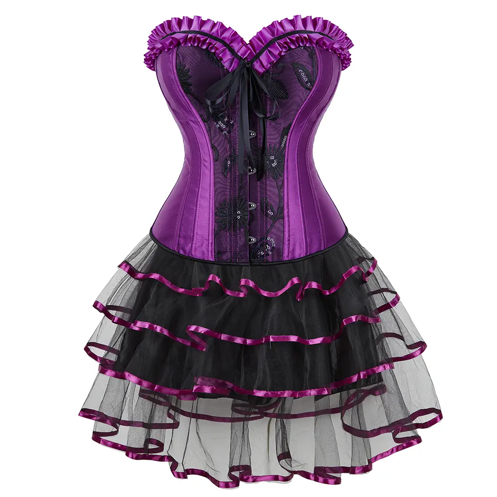 Purple Corset Dress for Women Pieces Sexy Medieval Renaissance Victorian Bustier Top Halloween Pirate Cosplay Costume with Short Skirt Tutu Vintage Design Fairy Fashion Lace Womenswear Elegant Korsett Corsé Mujer Fashion Plus Size