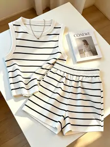 Striped Sleeveless Vest and Shorts Set, Casual Lazy Wear, Home Relax, Daily Outing, Short Trip, Light Vacation