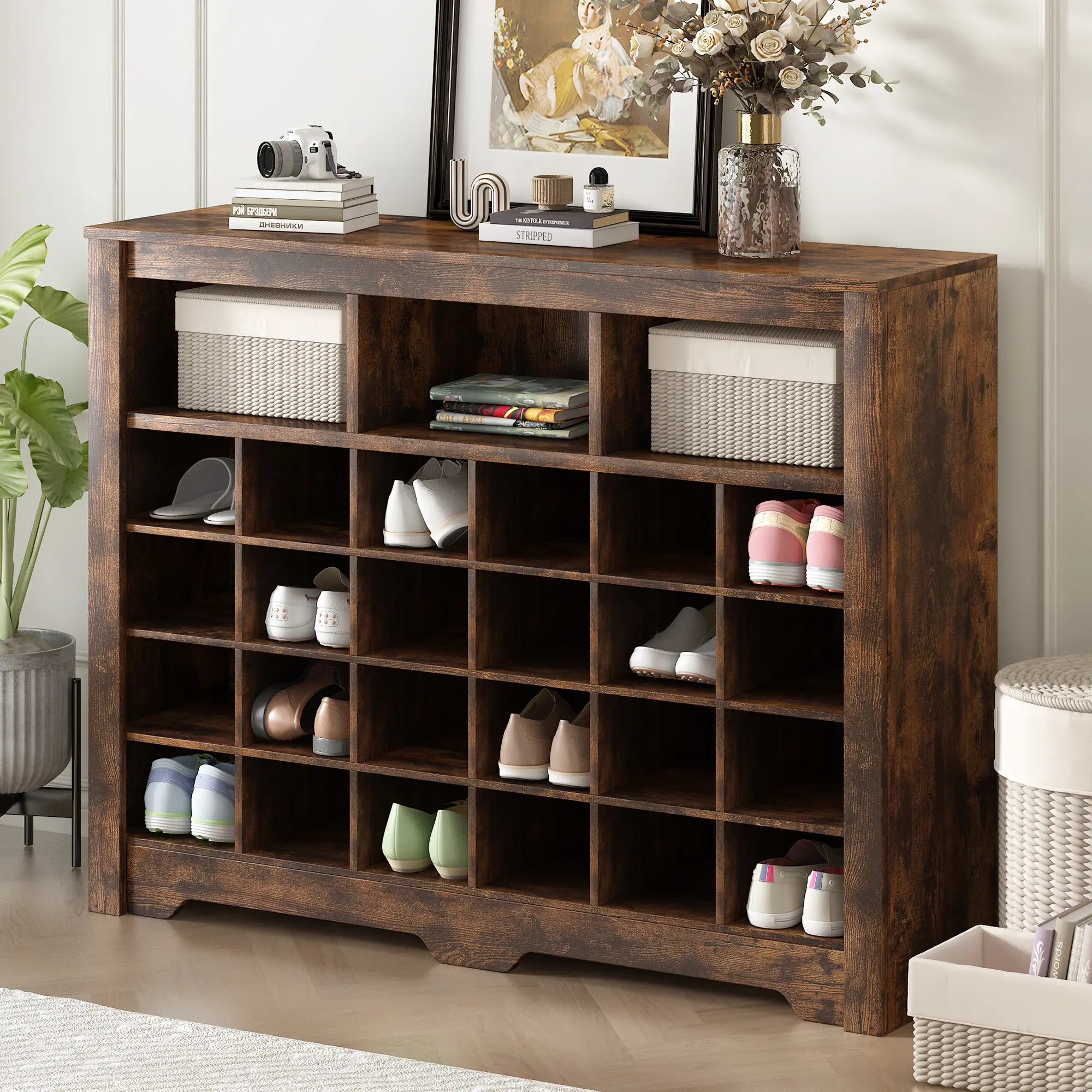 24-Cube Freestanding Shoe Cubby Console Cabinet - Modern Shoe Storage Racks with Curved Base, 24 Open Cubbies Multifunctional Sideboard, Rustic Brown Wood Space-Saving Shelf for Hallway Entryway Bedroom, Indoor Furniture with Arch Room Decor