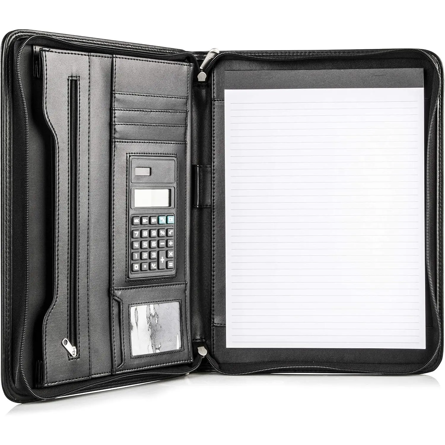 Black  Vegan Leather Business Portfolio with Zipper – Padfolio -in-. Smartest Protective 10.1 Inch Tablet Sleeve, Presentation Slot, Solar Calculator, Card Storage, Writing Pad