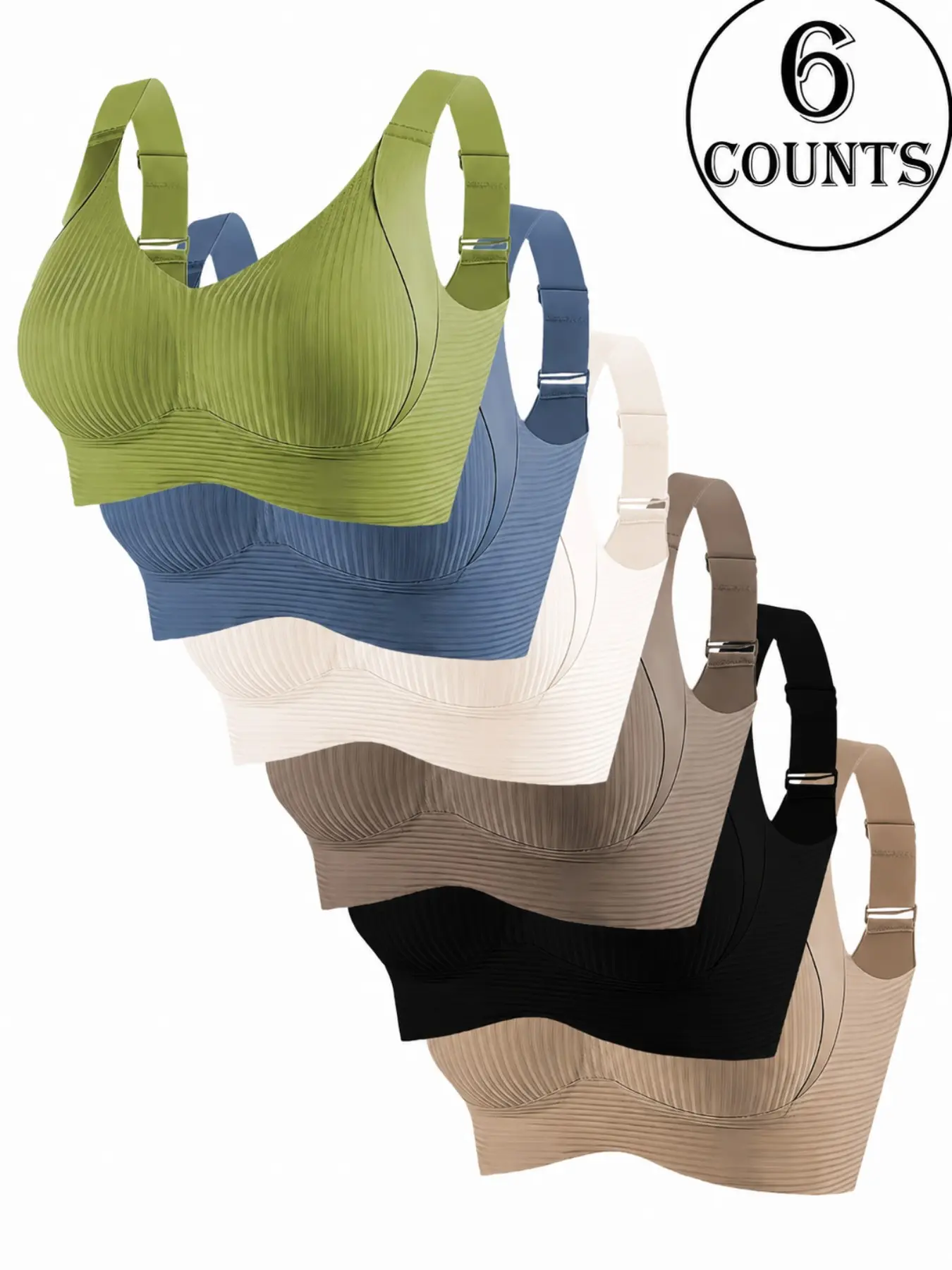 4 Counts Soft Ribbed Comfort Bras, Wireless Breathable Lingerie with Elastic Fabric, Wide Strap Support Bras for All-Day Wear, Neutral & Pastel Tones, Comfy Bras, Multiway Bra, Underwear, Casual