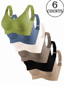 4 Counts Soft Ribbed Comfort Bras, Wireless Breathable Lingerie with Elastic Fabric, Wide Strap Support Bras for All-Day Wear, Neutral & Pastel Tones, Comfy Bras, Multiway Bra, Underwear, Casual
