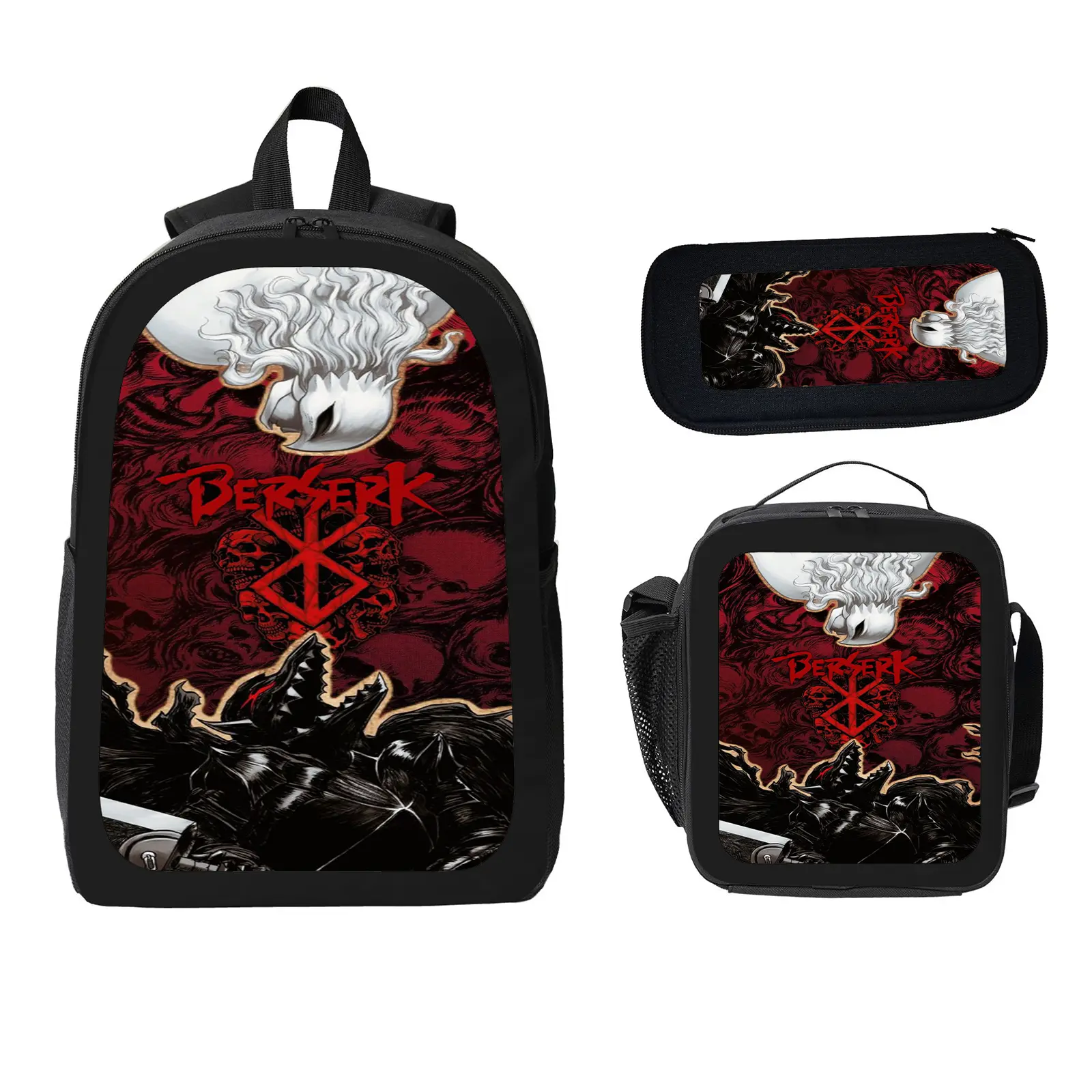 Unisex Kids' Berserk 3-Piece Insulated School Backpack Set, Large-Capacity Water-Resistant Bookbag with Lunch Bag & Pencil Case for Elementary-Middle School (b-9)