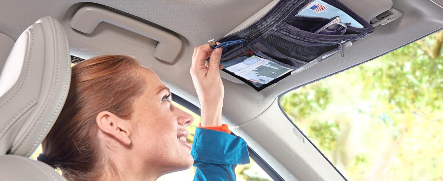 Car Visor Organizer with Secure Zip Pockets, Sunglasses Holder and Clear Registration and Insurance Pocket - Heavy Duty Straps Fit Most Car, SUV and Truck