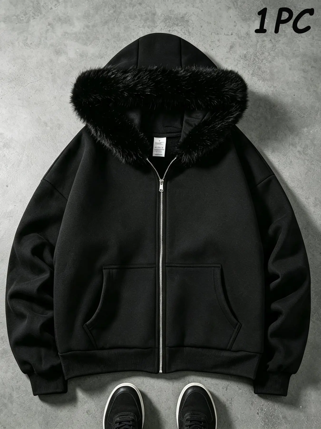 Men's Faux Fur Collar Hoodie, Plain Long Sweatshirt, Casual Loose-Fit, Full Zipper with Pockets, Streetwear Y2K Style, Fall Winter Warm Outerwear