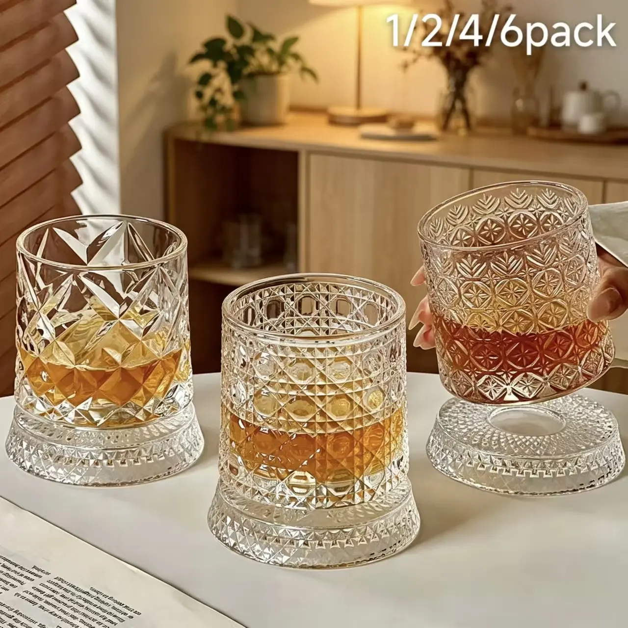 360° Rotating Whiskey Glass, Hand-Carved Crystal Clear Tumbler, Crystal Glass Cups, Glass Beverage Cups, Stress Relief Fidget Spinning Drinkware, Lead-Free Food Grade, Birthday Father's Day Gift for Men, Ideal for Home Bar Pub Daily Use