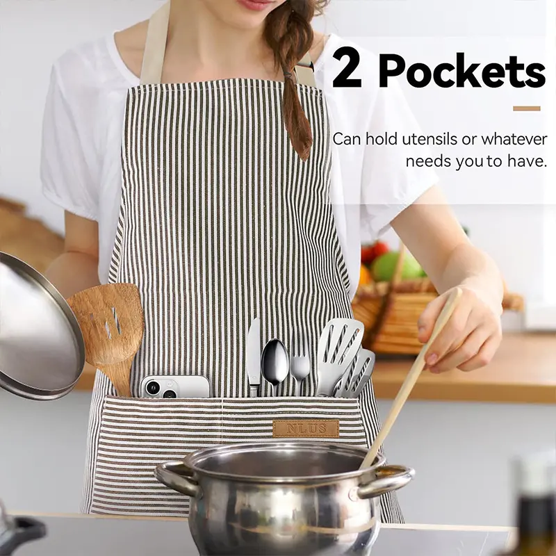 Striped Bib Apron with Adjustable Neck Strap, Work Apron for Kitchen, Cafe Cooking Uniforms