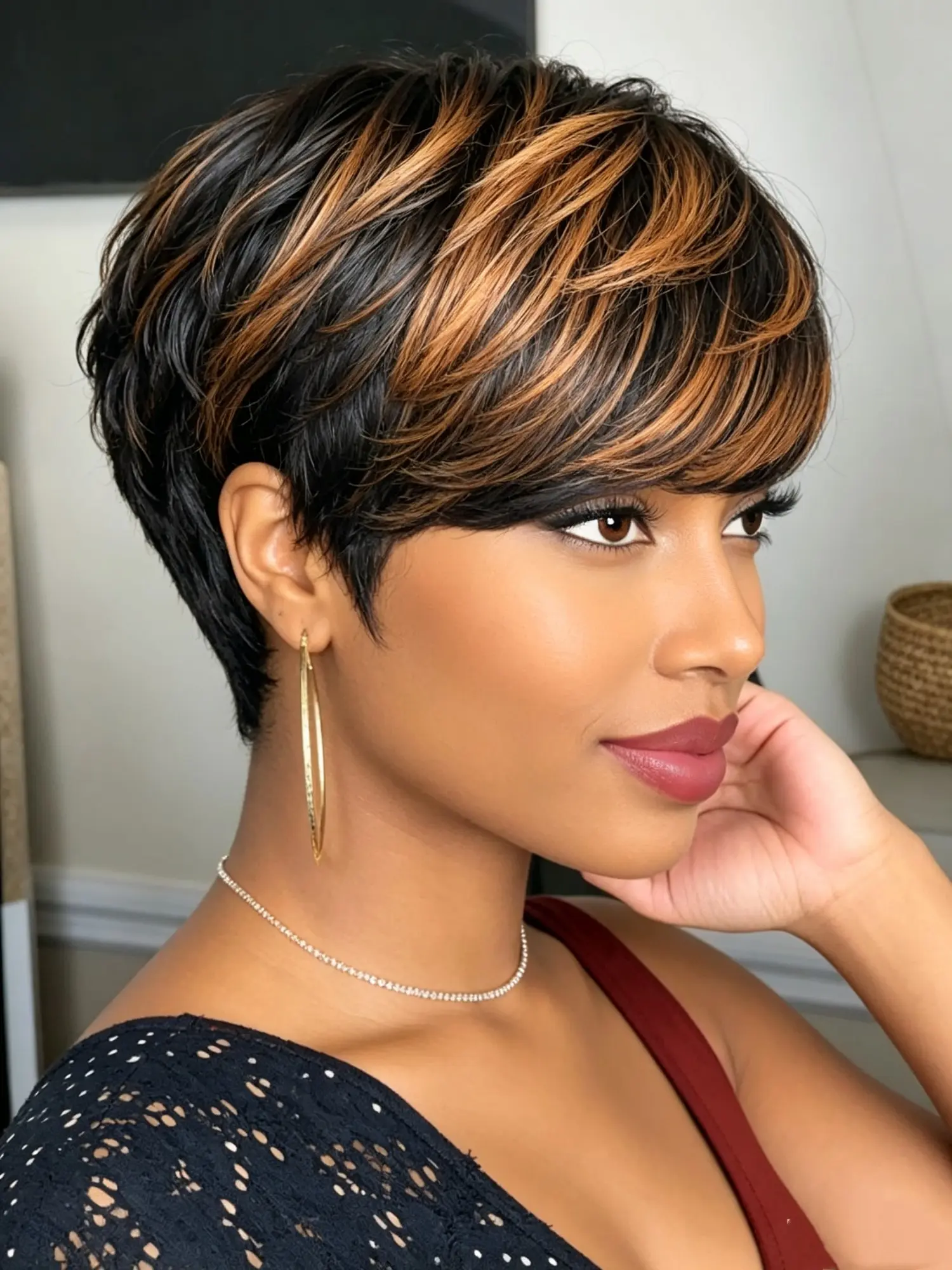 Short Highlight Black Brown Straight Pixie Cut Human Hair Wig With Bangs Full Machine Made Glueless Wigs