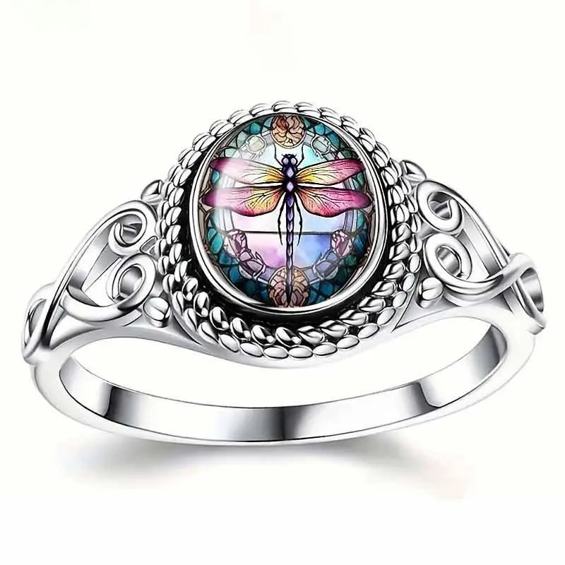 Women's Wide-Band Dragonfly Print Ring - Color-Shifting Glass Inlay Retro Statement Ring, Polyester Accent Fashion Accessory for Daily Wear