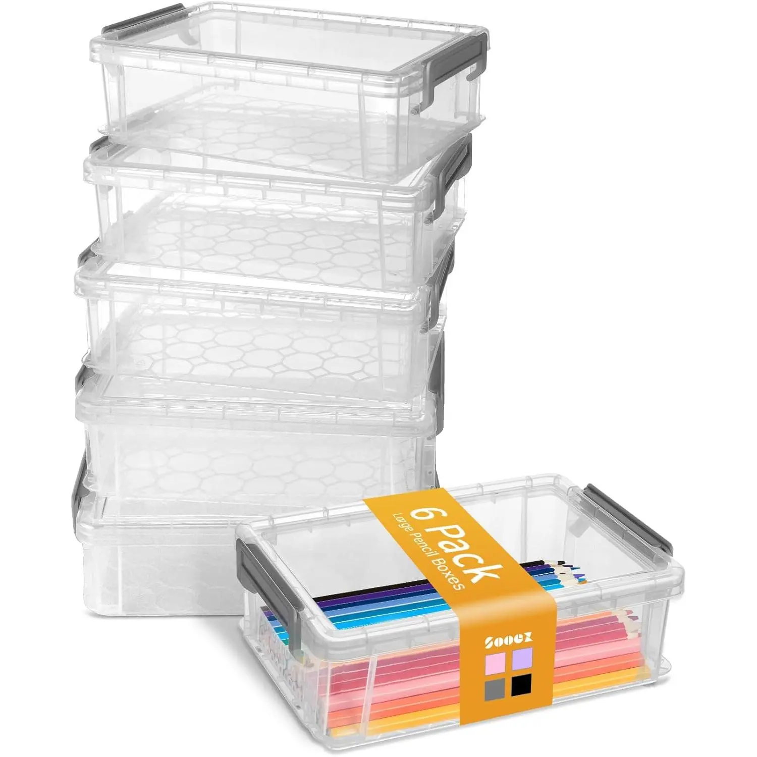 6-Pack Extra Large Pencil Boxes, Clear Plastic Pencil Cases with Snap Lids, Stackable Marker and Crayon Organizers for Art, Crafts, Teacher Supplies,hair