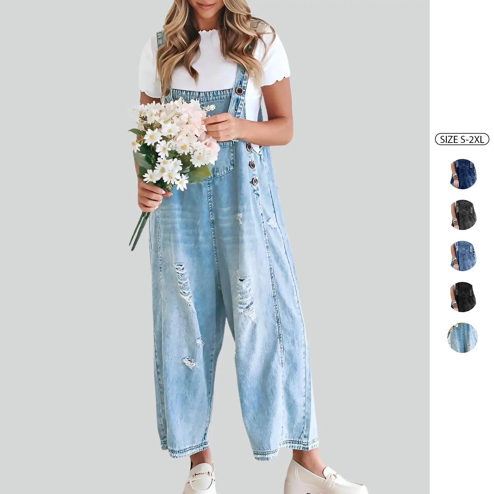 Imily Bela Women's Casual Denim Overalls Loose Adjustable Strap Distressed Bib Jeans Overall Jumpsuits with Pocket
