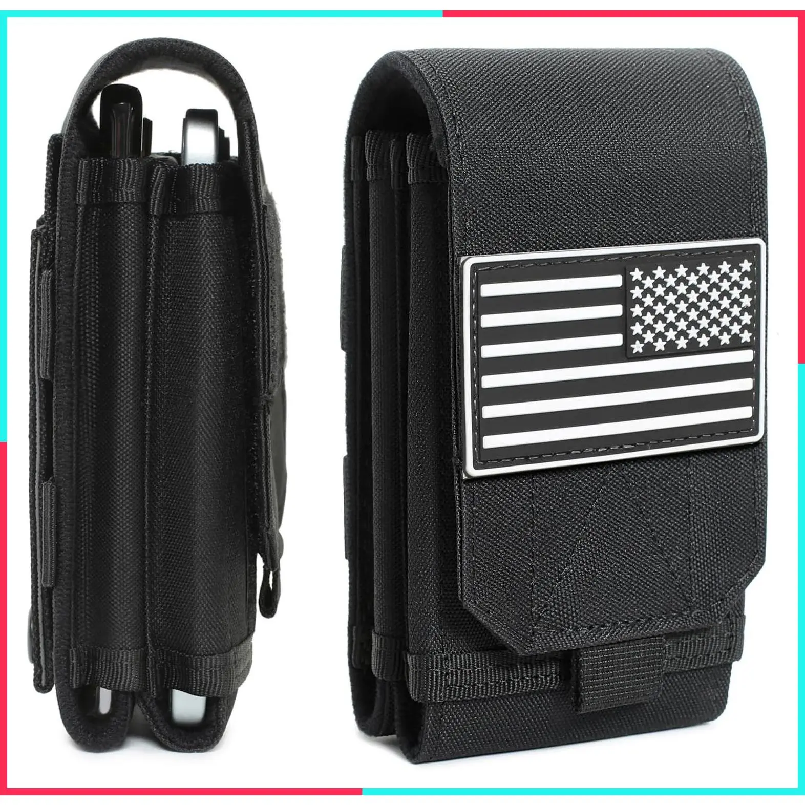Tactical MOLLE EDC Phone Pouch, Universal Dual Mobile Phone Holster Holder with US Flag Patch - Black