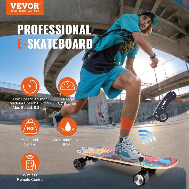 VEVOR Electric Skateboard with Remote, 13.7 Mph Top Speed 7.5 Miles Max Range Skateboard Longboard, 3 Speeds Adjustment Skateboards, Easy Carry Handle Design, Suitable for Adults Teens Beginners