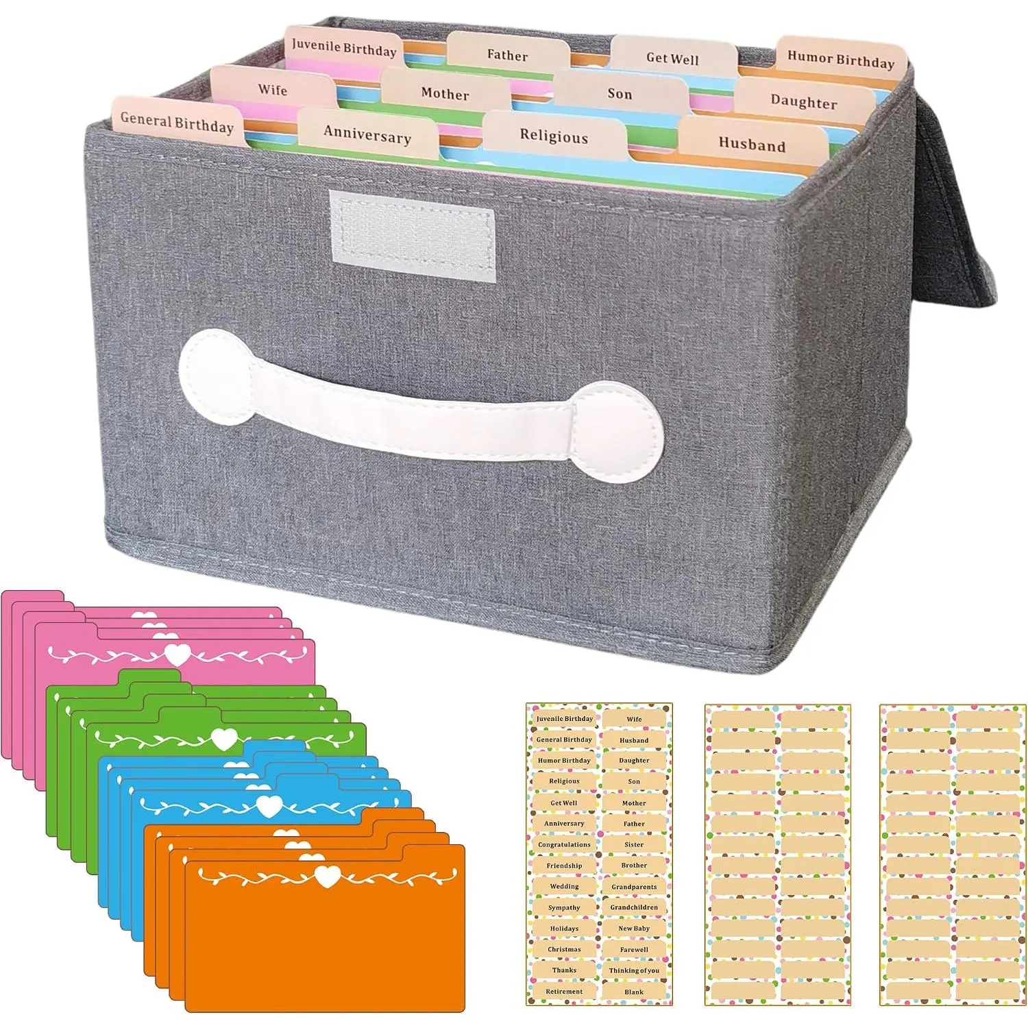 Greeting Card Organizer Box, Fabric Storage Box, Grey, 1 Pack | Foldable, 16 Adjustable Dividers, 84 Self-stick Labels, Store 120+ Cards Photos Envelopes Postcards Stickers