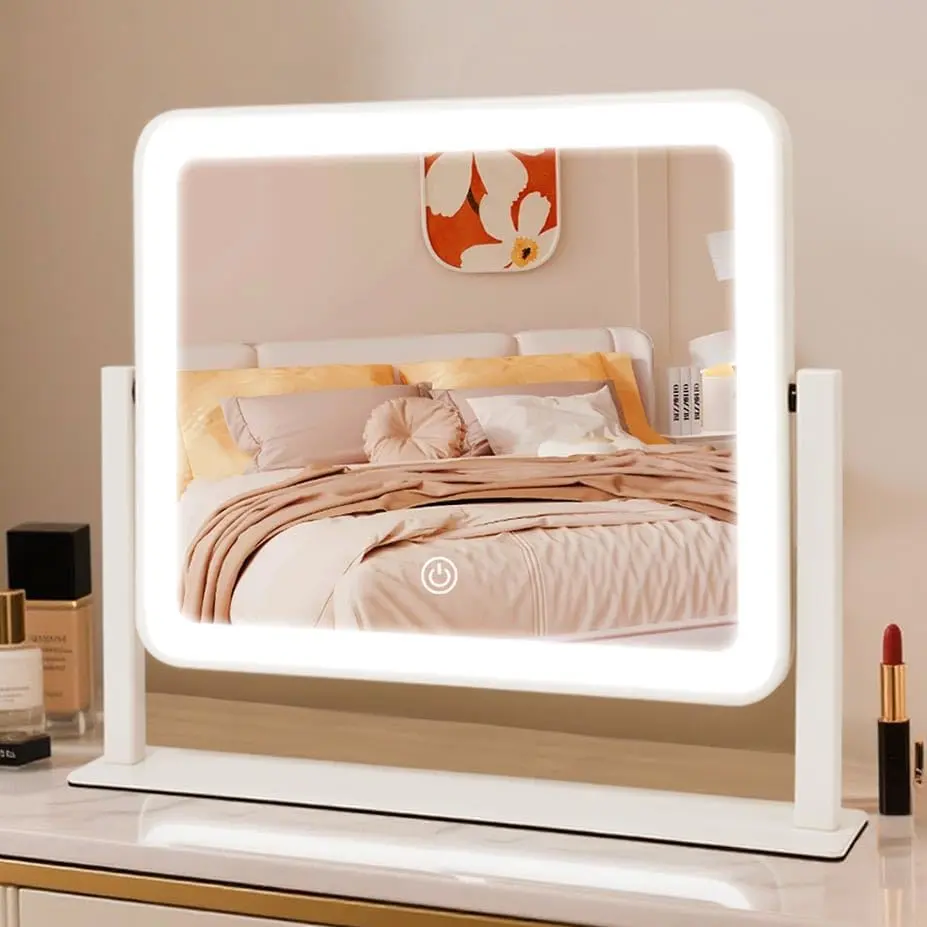 Rechargeable  Mirror with Lights, 14"x12" LED Makeup Mirror,   Control, 3 Color Lighting with Adjustable Brightness, Mirror for Bedroom,  Desk, Beauty Routine