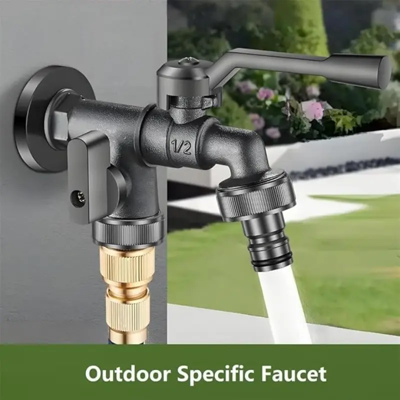 Outdoor faucet with one inlet and two outlets, dual water outlets without queuing, multifunctional outdoor washing machine tap for courtyard, garden, and villa