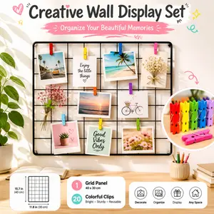 Metal Grid Photo Wall Display Set with 20 Colorful Clips, DIY Memo Wire Grid Board for Bedroom Dorm Decor, Picture & Card Hanging Organizer for Memory Wall