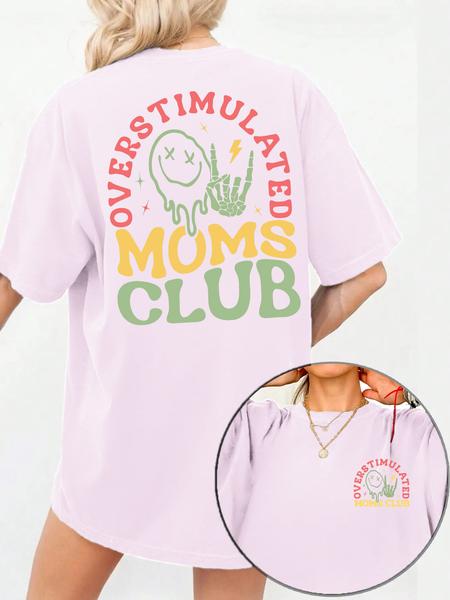 Women's Overstimulated Moms Club Round Neck Graphic Tee, Vintage Trendy Casual Short Sleeve T-shirt for Daily Wear, Ladies Summer Outfit, Top