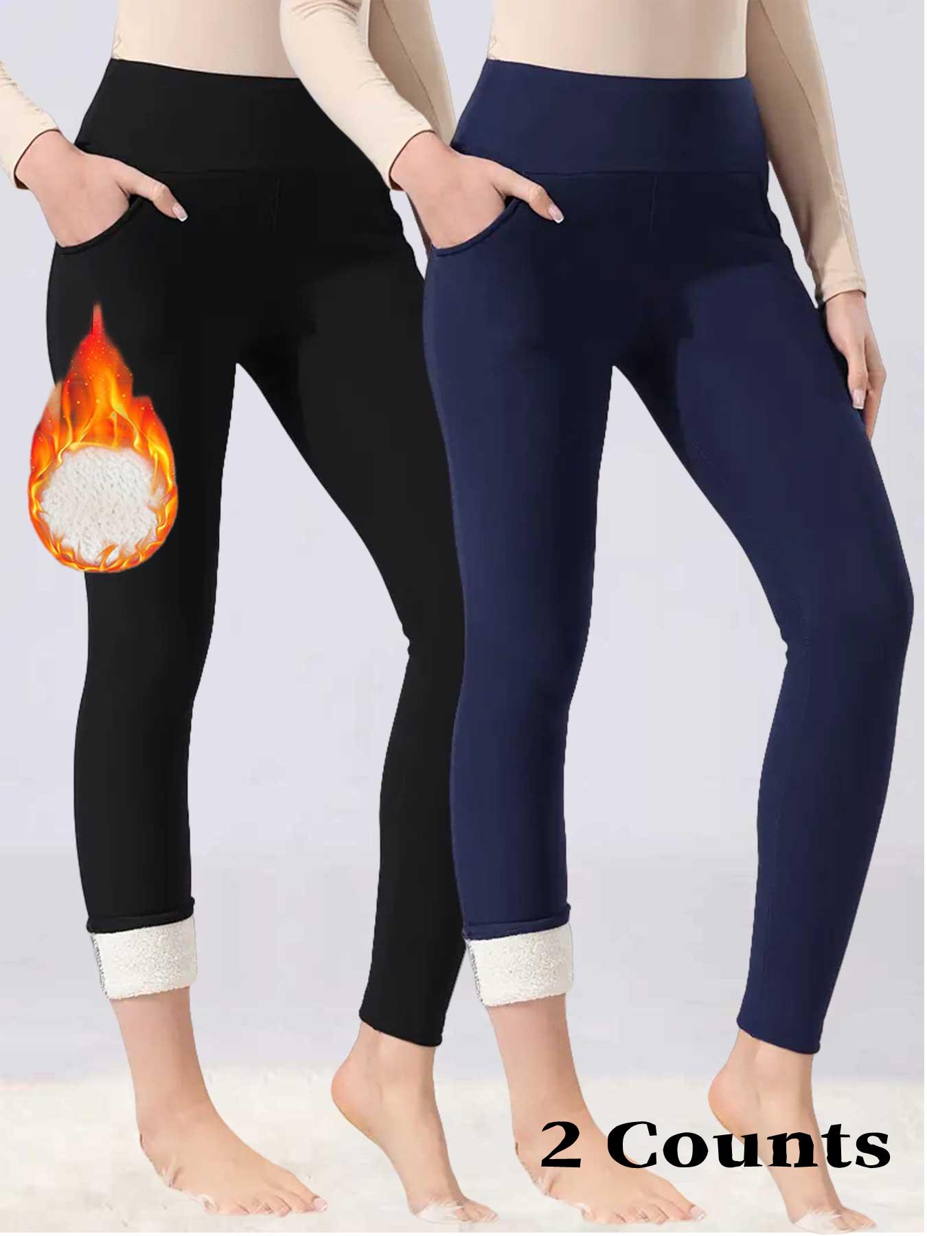 Women's Solid High-Waisted Thermal Lined Sports Leggings, Casual Comfy Warm Skinny Pants with Pocket for Yoga, Workout and Running, Ladies Sportswear for Fall & Winter