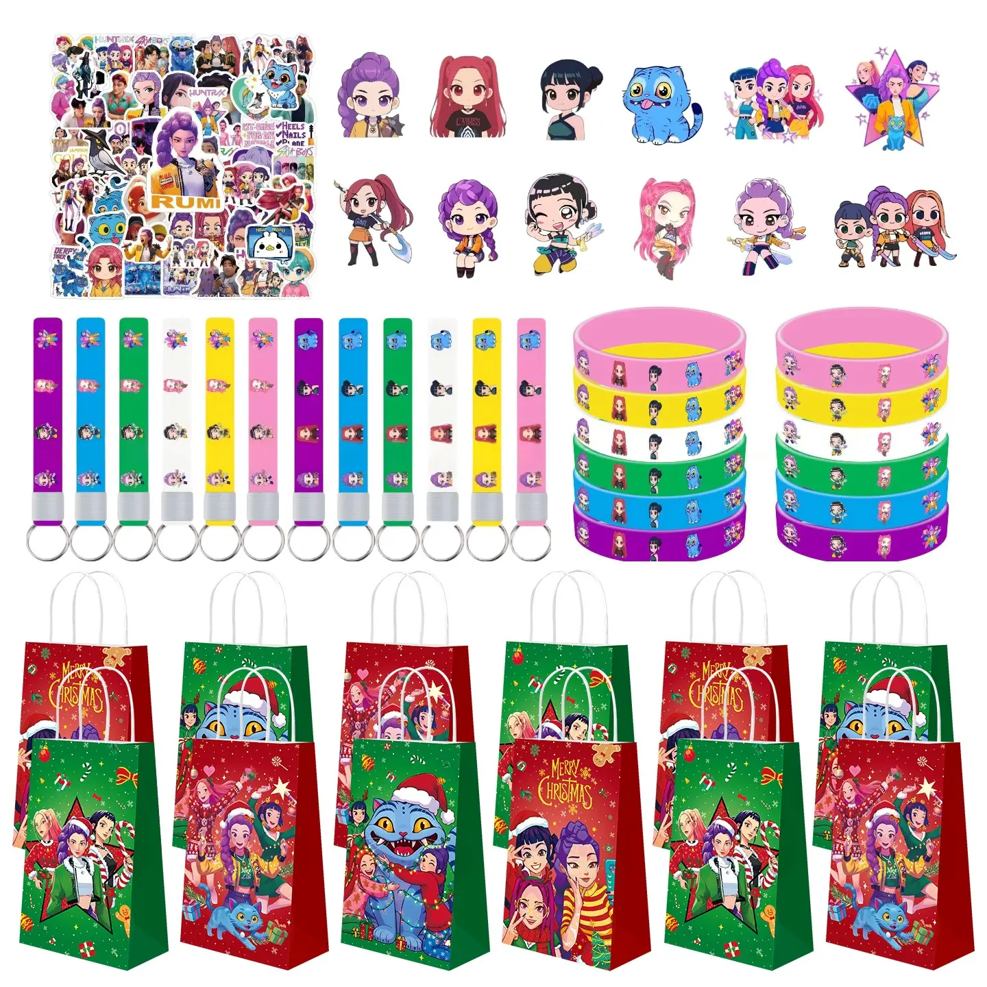 5 Korean cartoon girl group Christmas-themed party high-value souvenirs, including 12 cartoon keychains, 12 cartoon bracelets, 12 gift tote bags, 12 cartoon standees, 50 fridge stickers, to spend a warm Christmas time with fellow fans