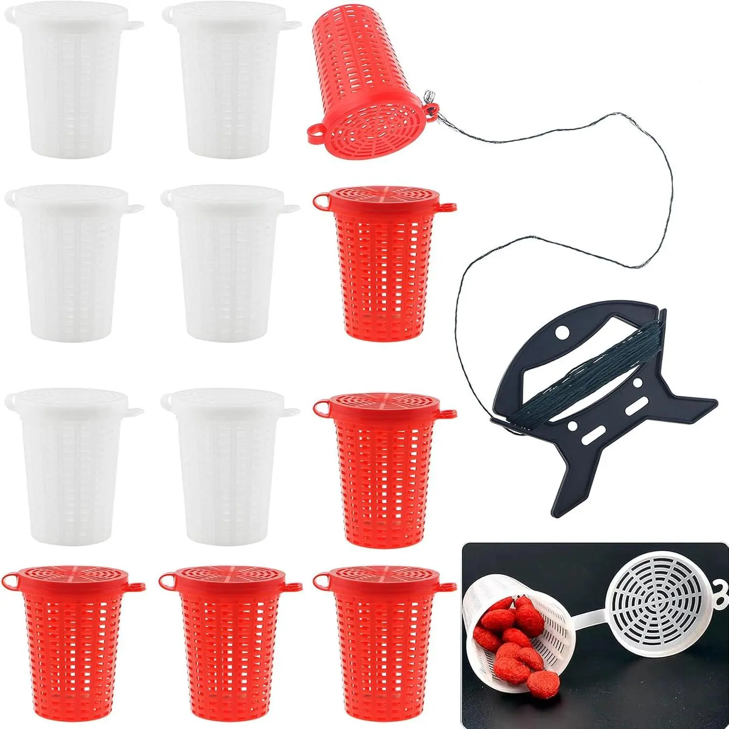 -12Pack Fishing  Cage , Portable Live  Bucket Comes with a Dedicated Pull Cord and  Winder for Crab Crawfish Minnow Catfish, Fishing Tackle Gear(6 red and 6 White)