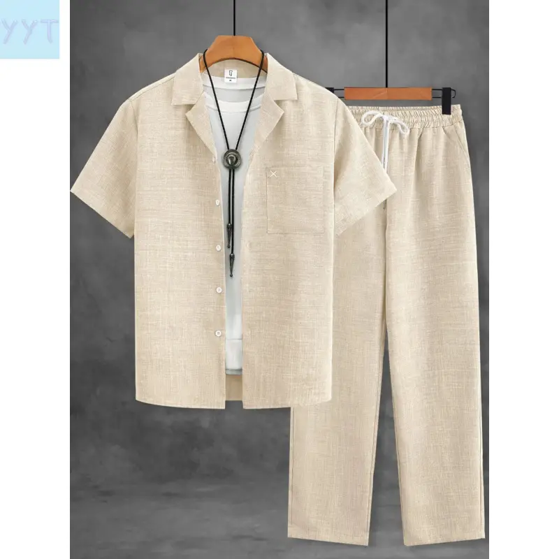 YYT1 Men's Beige Textured 2-Piece Loungewear Pajama Set, Lounge Pajamas - Short Sleeve Button-Down Shirt & Drawstring Waist Pants, Soft Breathable, Relaxed Fit At-Home Lounging, Lazy Weekends & Casual Evenings, Lightweight Loungewear
