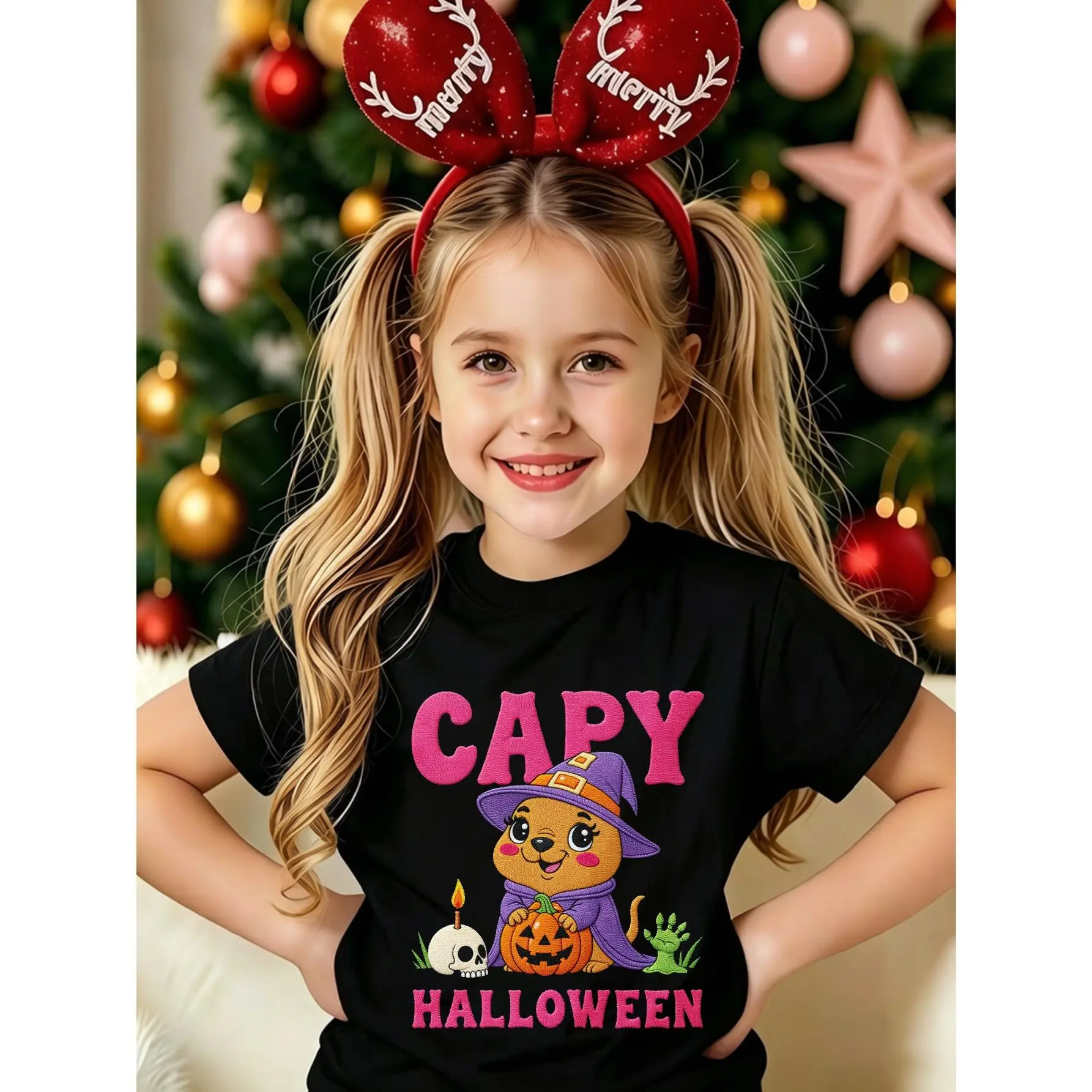 2D Flat Printing, Cute Cartoon Style, T-Shirt, Capybara Halloween Print, No Texture Faux, 100%, Girls Age 1-12Y Loose Short Sleeve Round Neck Top, Four Seasons Universal, Cute Casual Outdoor And Festival Wear, Lightweight Comfortable