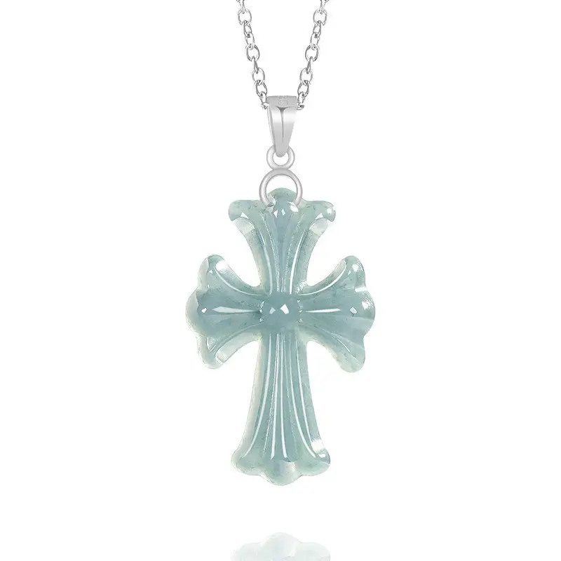 Original natural A-grade jade blue water cross jade pendant pendant for men and women fashion necklace Sihui jade