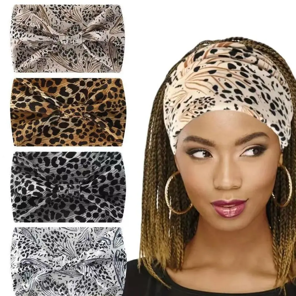 Leopard Print Elastic Wide Sports Headband Sweat Absorbent Non Slip Hair Band for Yoga Fitness Cycling Running Workout Outdoor Activities