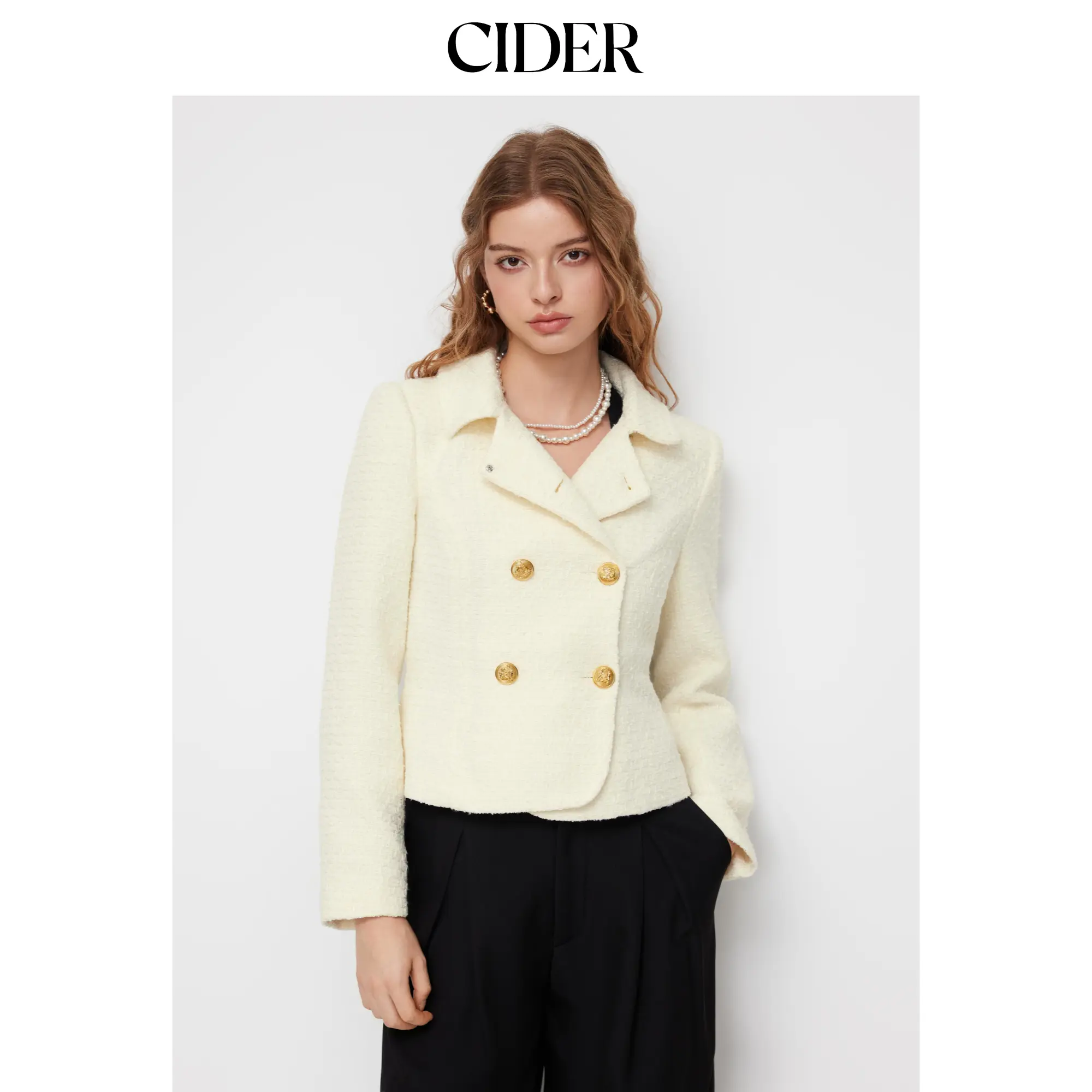 Cider Tweed Collar Double Breasted Metal Button Jacket SummerFinds
