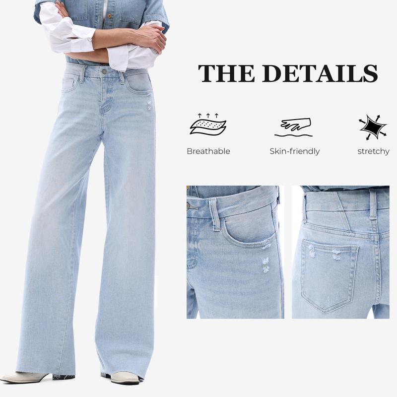 ONESO Mid-Waisted High Stretchy BBL Wide Leg Baggy All Season Jeans Tummy Control Outdoor Indoor Distressed Denim Pants Woman Soft Bottom Comfortable Denim Jeans Plus Size Regular Size