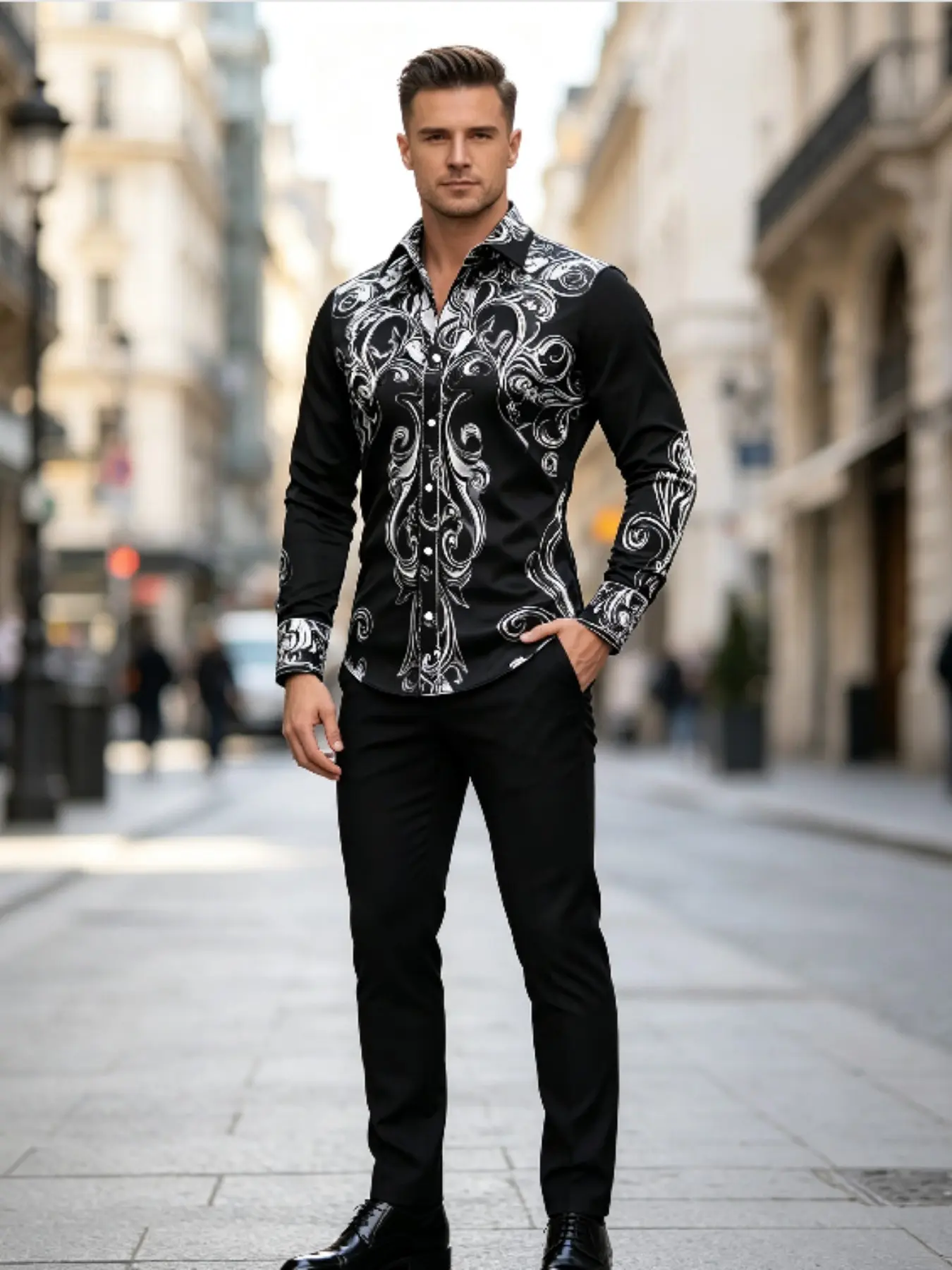 Men's Lapel Long Sleeve Button Up Shirt, Sublimation Baroque Scroll Vine Print Slim Fit Casual Shirt, Vintage Symmetrical Curlicue Floral Pattern Dress Shirt for Business Club Street Outfit