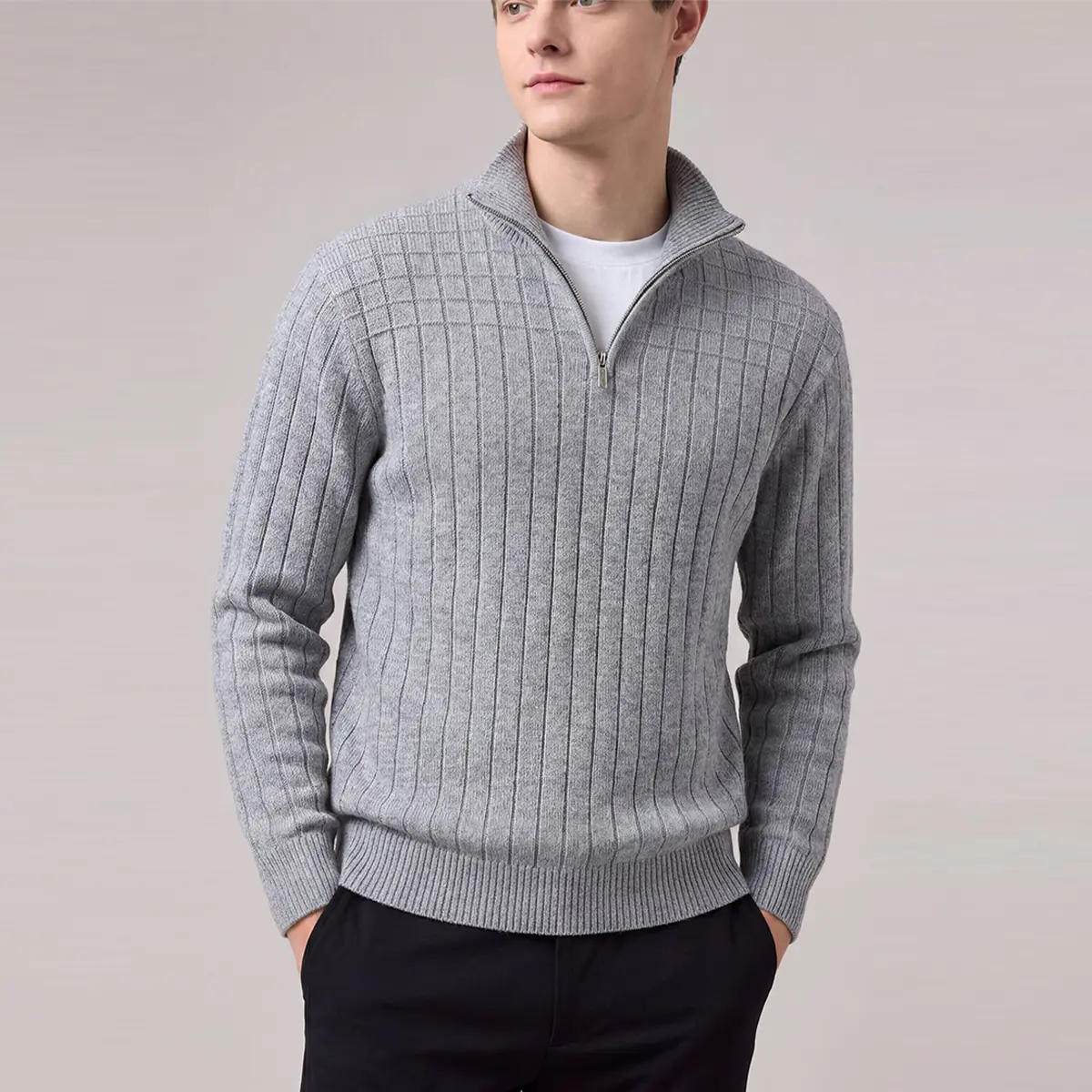 Men's light gray vertical checkered ribbed half zip lapel knit sweater, long sleeved soft elastic knit sweater with a regular fit, warm texture knit sweater suitable for business, office, daily leisure, street wear, versatile for spring and autumn, suitab