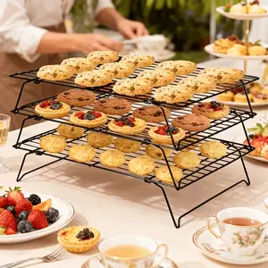 3-piece foldable cooling rack, baking sheet metal wire rack, stackable baking, cooking and drying wire cooling rack adjustable, camping grill, used for cooking, baking, cooling and baking cookies