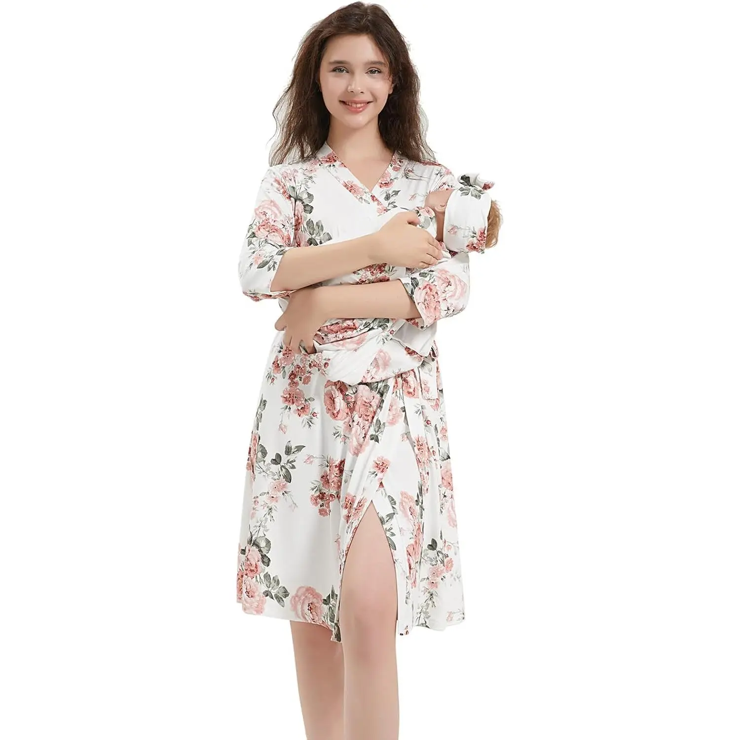 Women's Matching Sets, 3-Piece Vintage Floral Maternity Robe and Baby Swaddle with Hat for Hospital Labor & Delivery, Mommy And Me, Matching Outfit, Robe + Swaddle