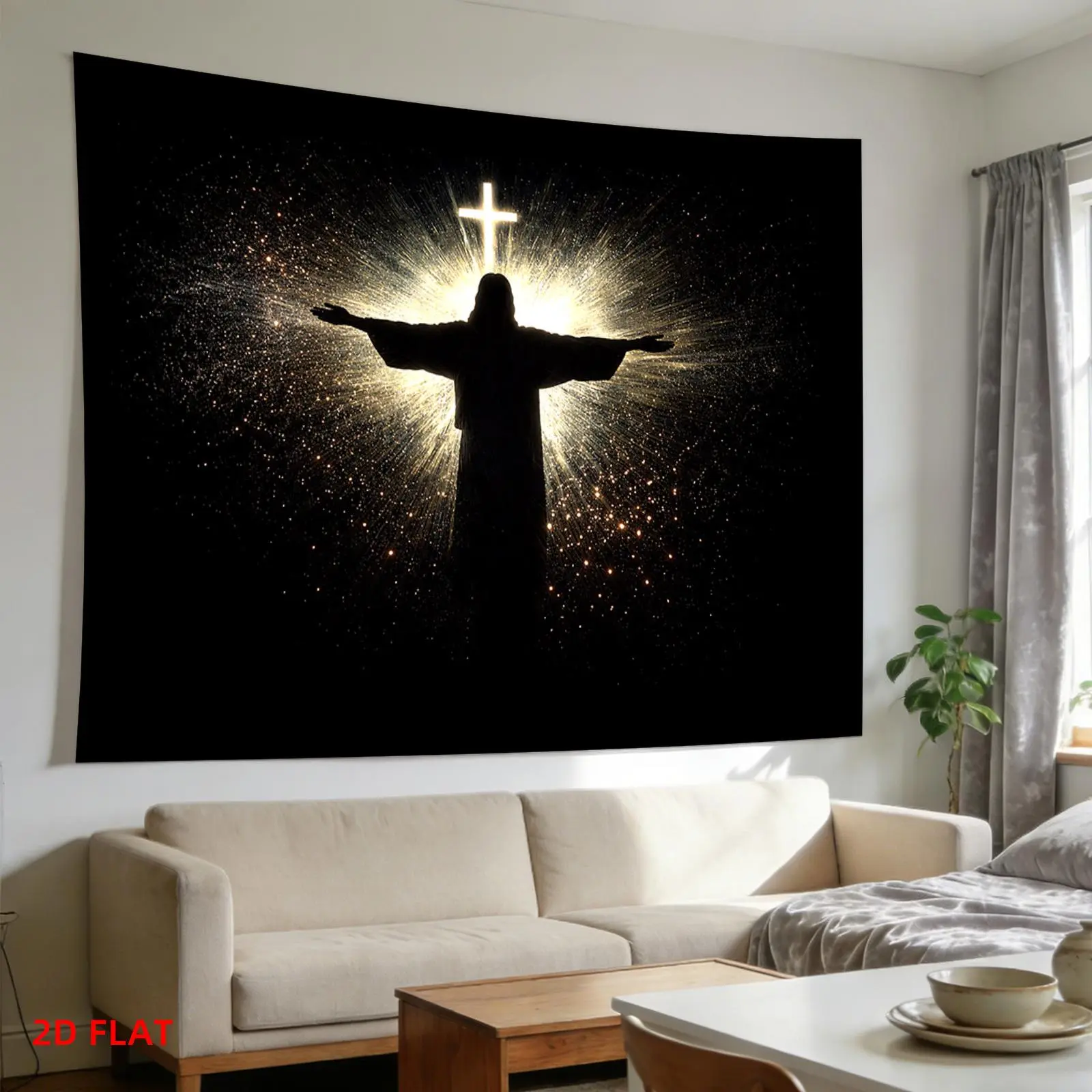 Jesus Cross Tapestry - Arms Outstretched with Radiance, Non-Luminous Hanging Room Wall Decoration, Ideal for Living Room, Meditation Space, Great Gift for Textile Decor Enthusiasts