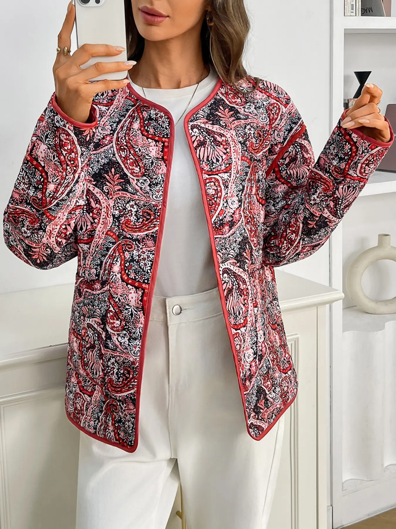 Women's Paisley Floral All Over Print Quilted Jacket, Open Front Round Neck Contrast Trim Long Sleeve Casual Lightweight Pocket Outerwear