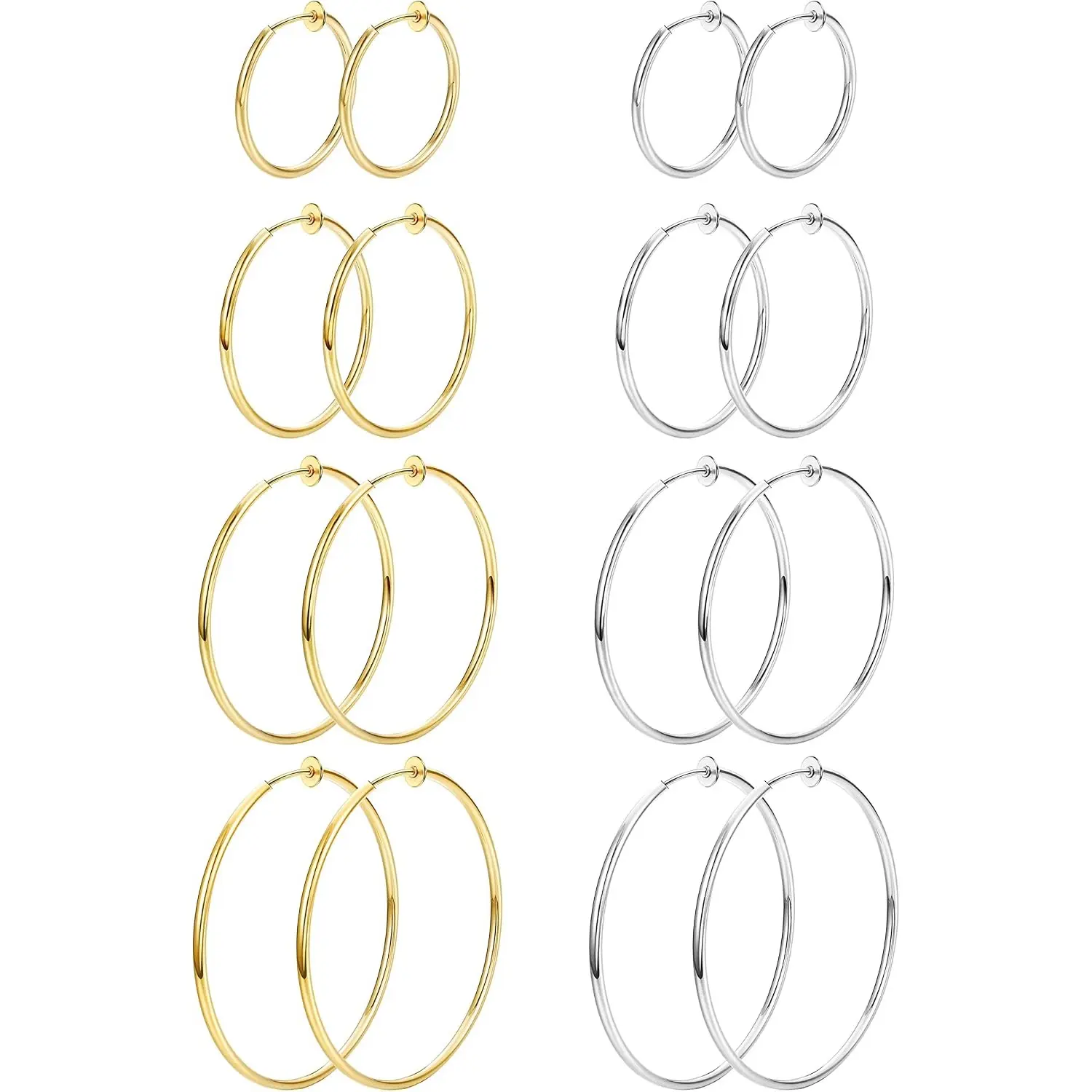 FIASASO 8 Pairs Clip On Hoop Earrings Stainless Steel Clip On Earrings for Women Fake Hoop Earring Spring Hoop Earring For Non-Pierced Ears