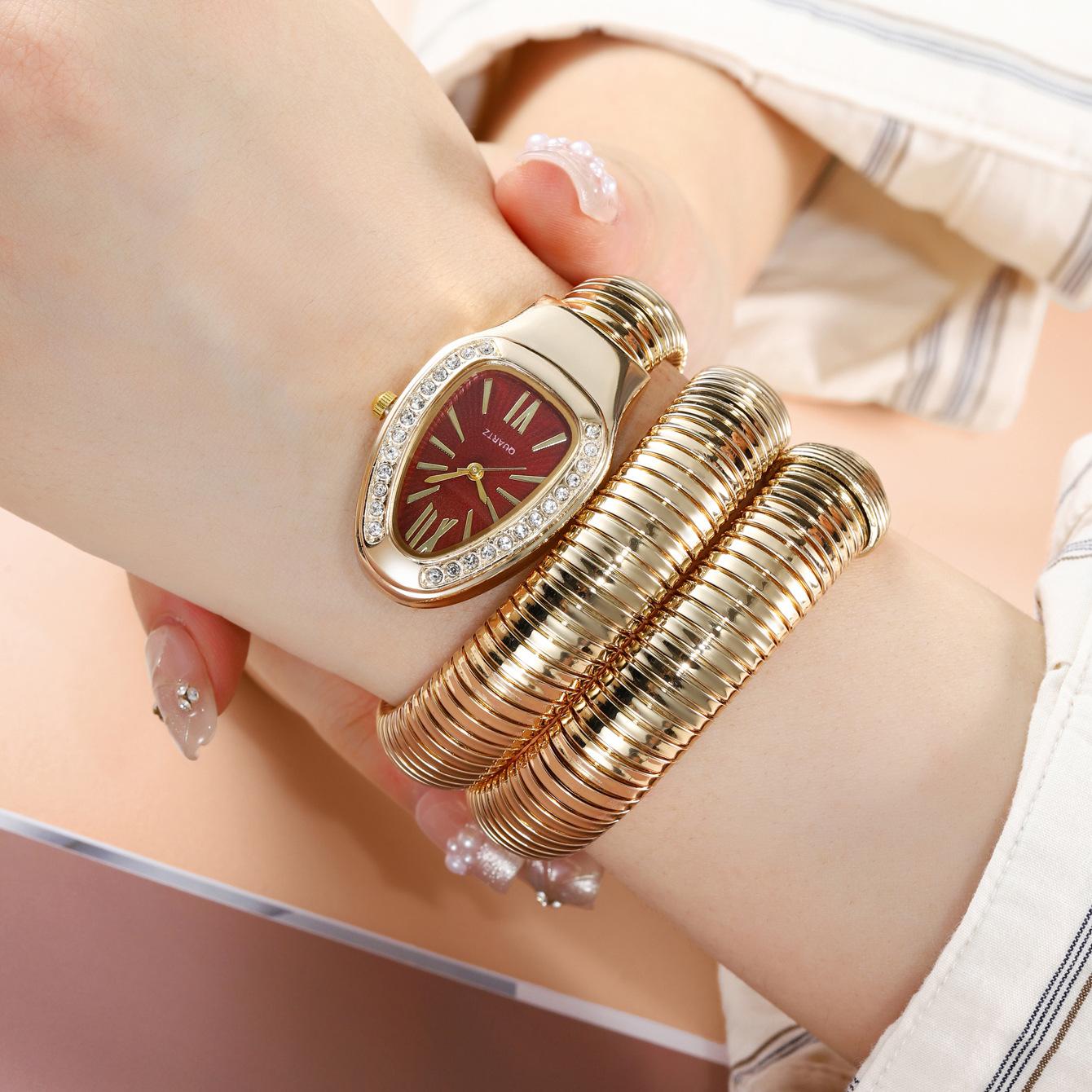 Women's Luxury Gold Snake Bangle Quartz Watch - Wrap Around Wristwatch with Crystal Diamond Bezel, Mother of Pearl Dial, Roman Numerals, Elegant Retro Statement Timepiece, Perfect Gift for Her